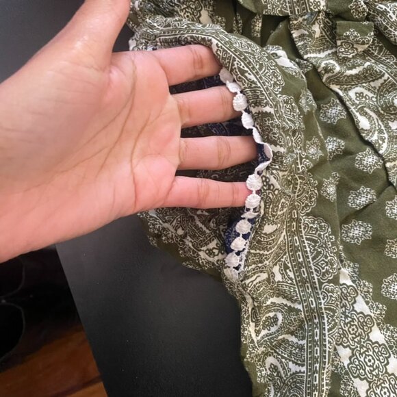 White Lotus Green and White Bohemian Print Tie Knot Elastic Pants with Pockets - Picture 3 of 13